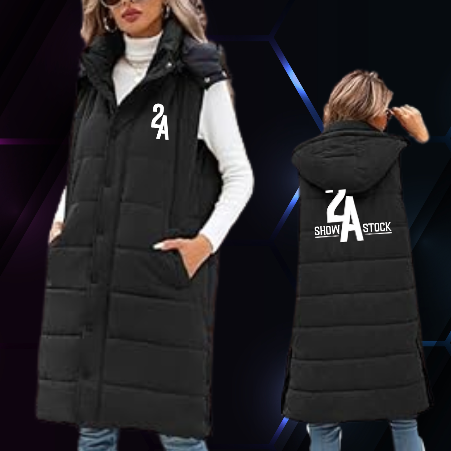 2A Long Black Puffer Vest