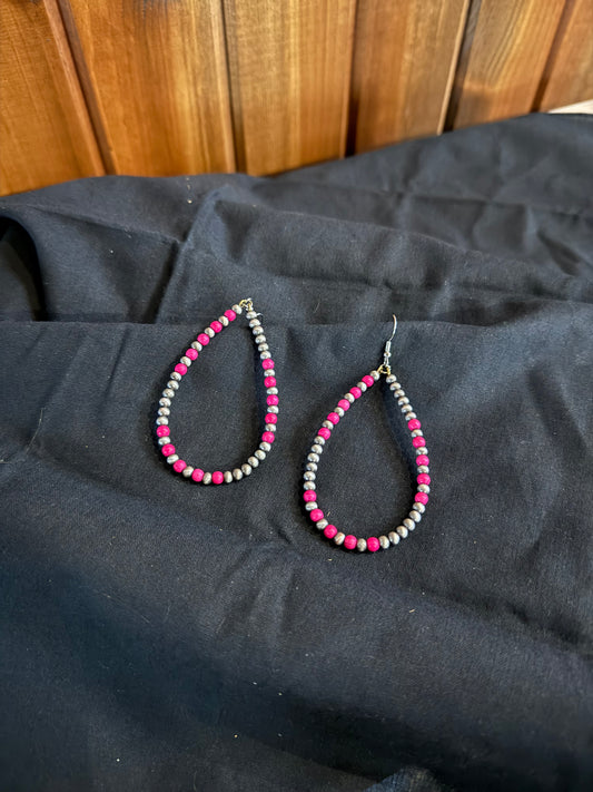 Silver Navajo Pearl Hot Pink Stone Bead Teardrop Earrings