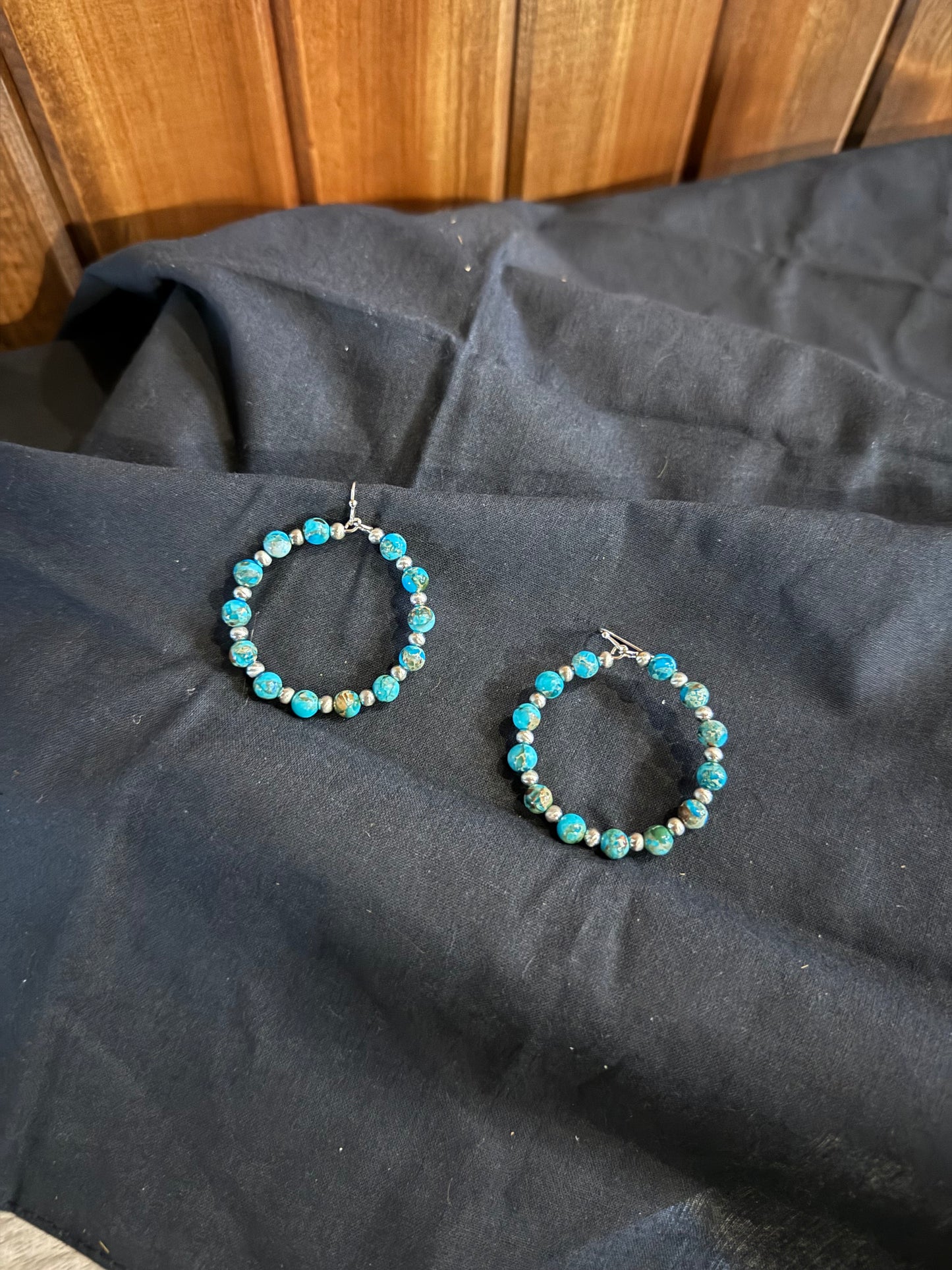 Blue Gem Bead Hoop Earrings