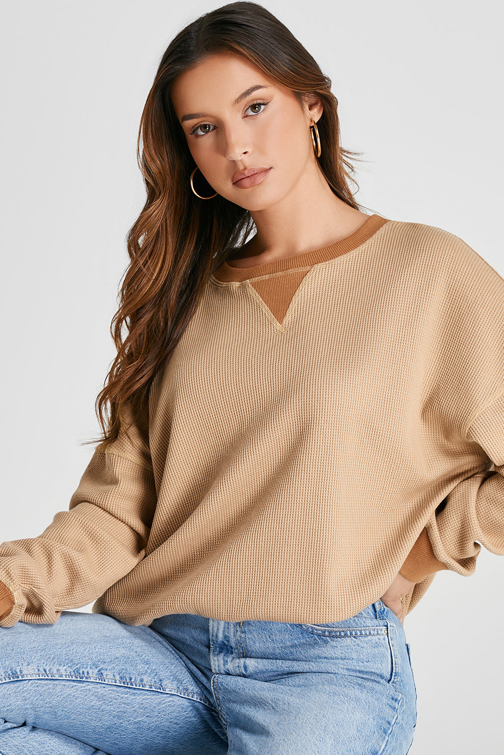 Waffle-Knit Long Sleeve Sweatshirt