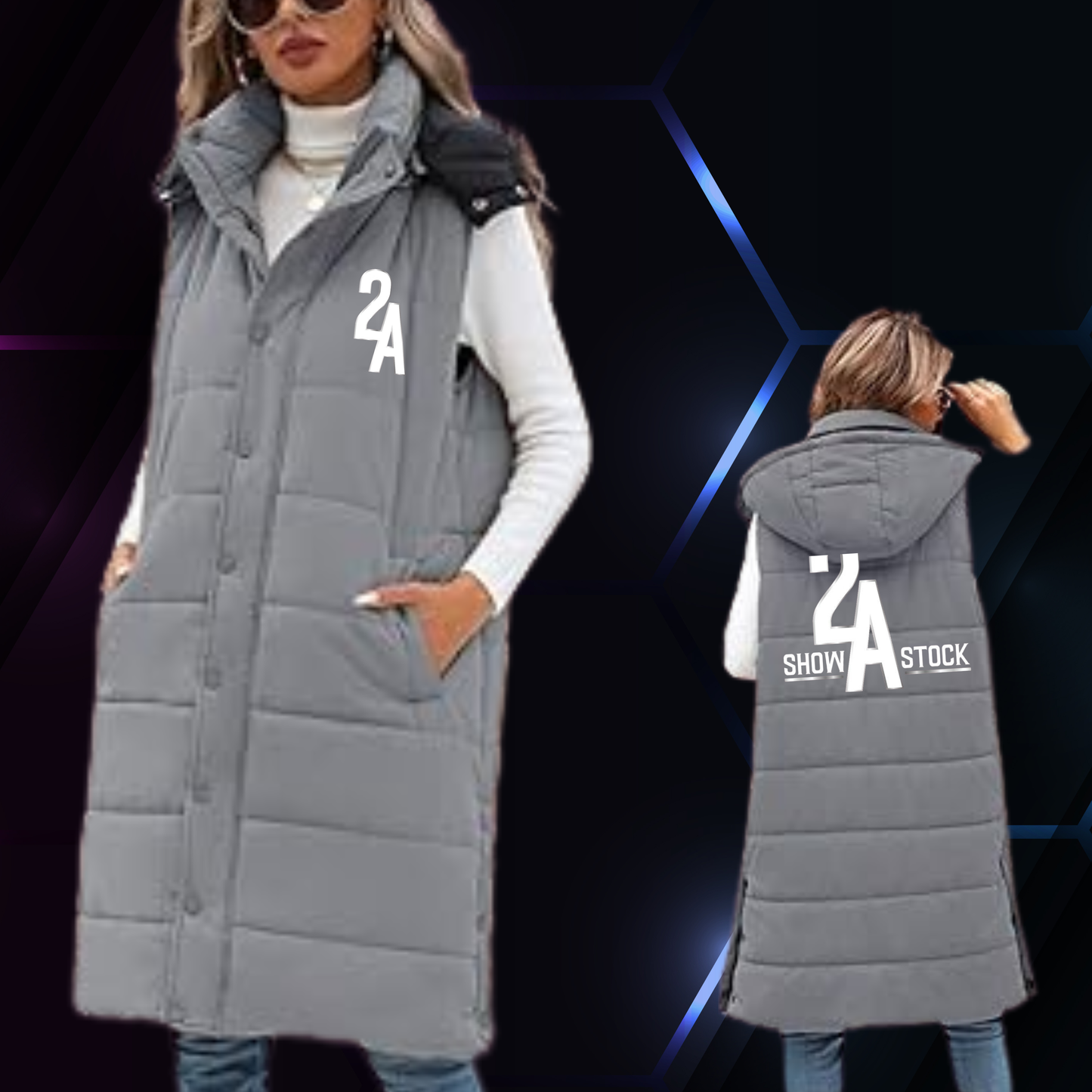 2A Long Grey Puffer Vest