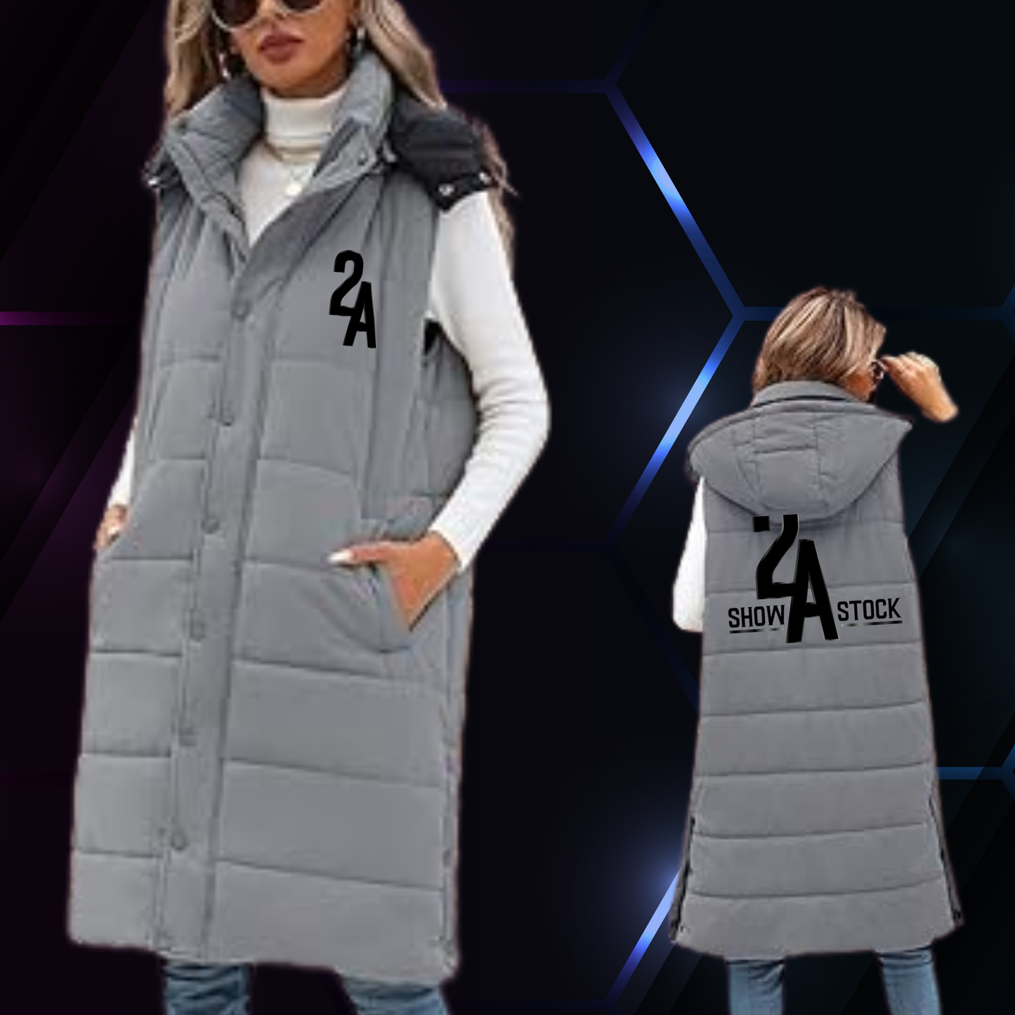 2A Long Grey Puffer Vest