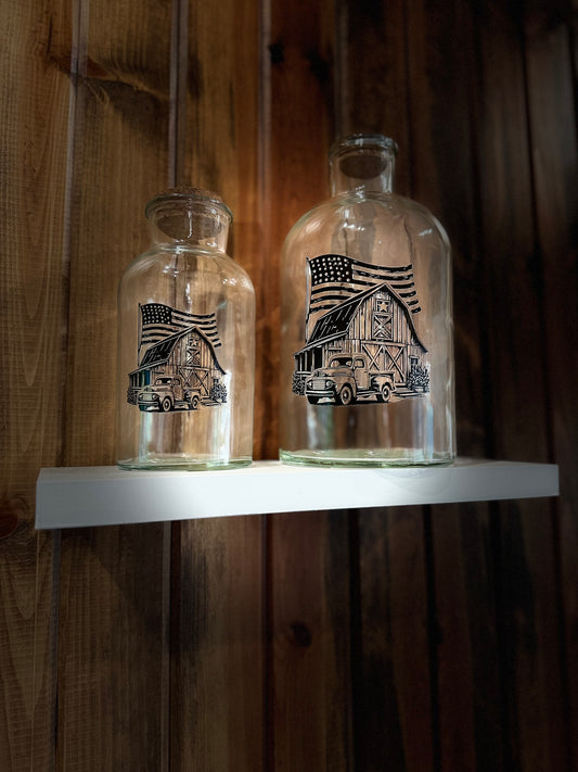 Glass Jug with Vintage Farm Scene