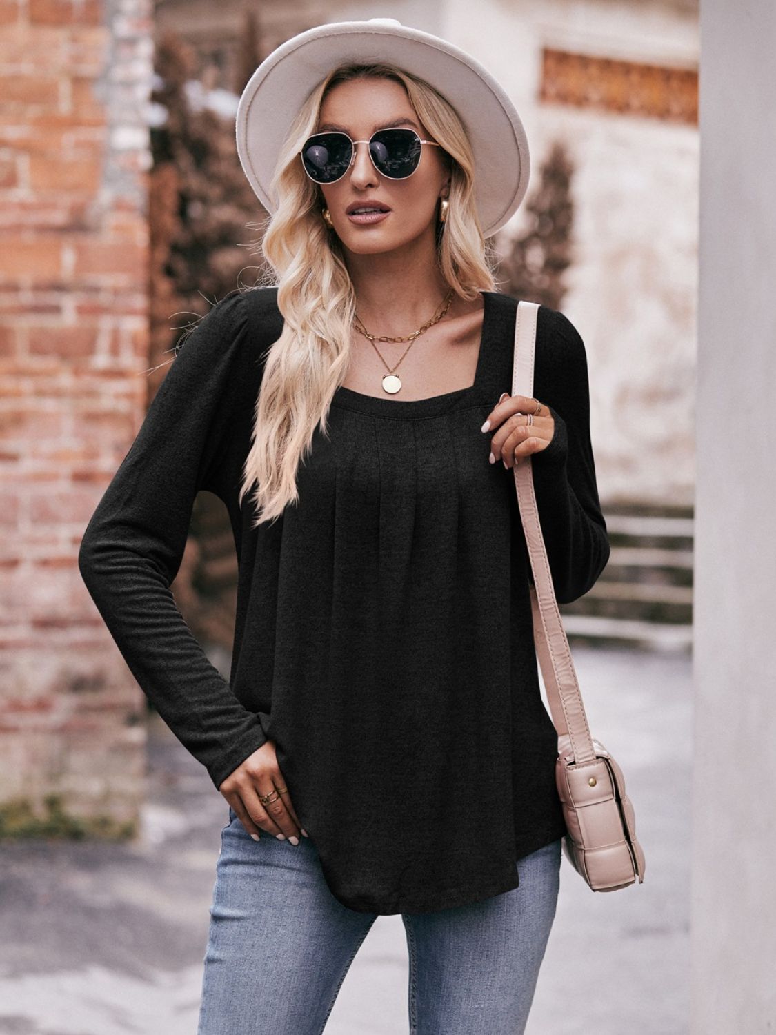 Double Take Pleated Detail Curved Hem Long Sleeve Top