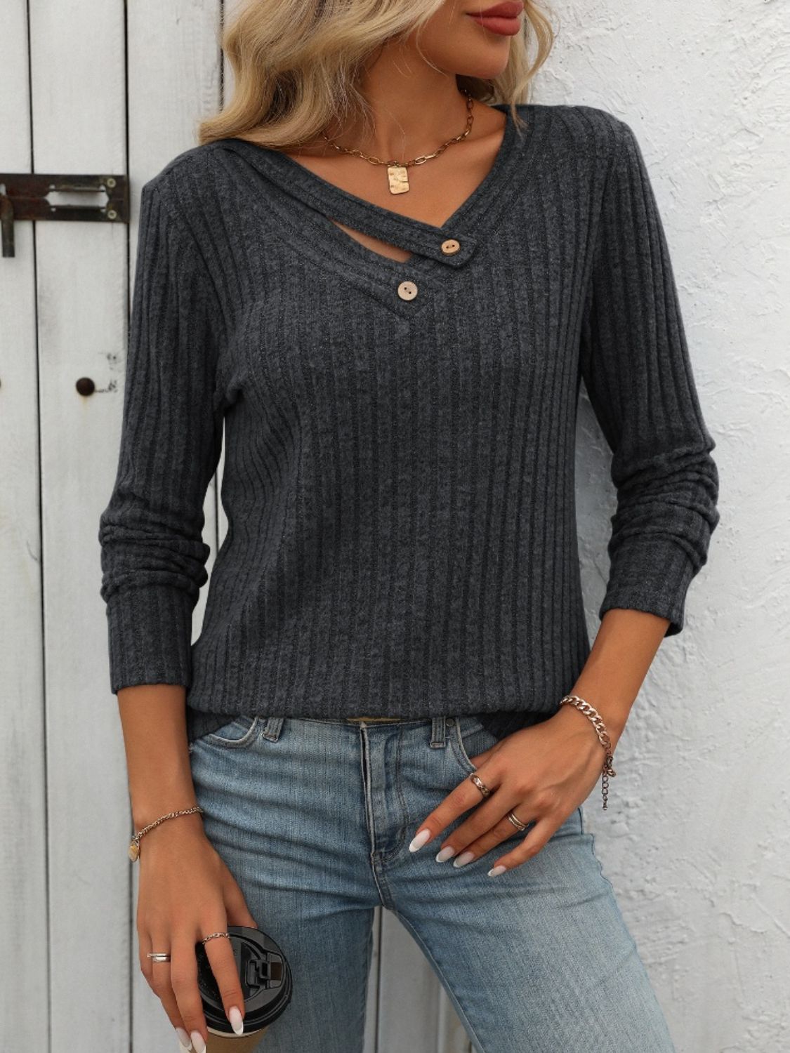 Ribbed V-Neck Long Sleeve T-Shirt