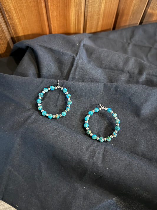 Blue Gem Bead Hoop Earrings