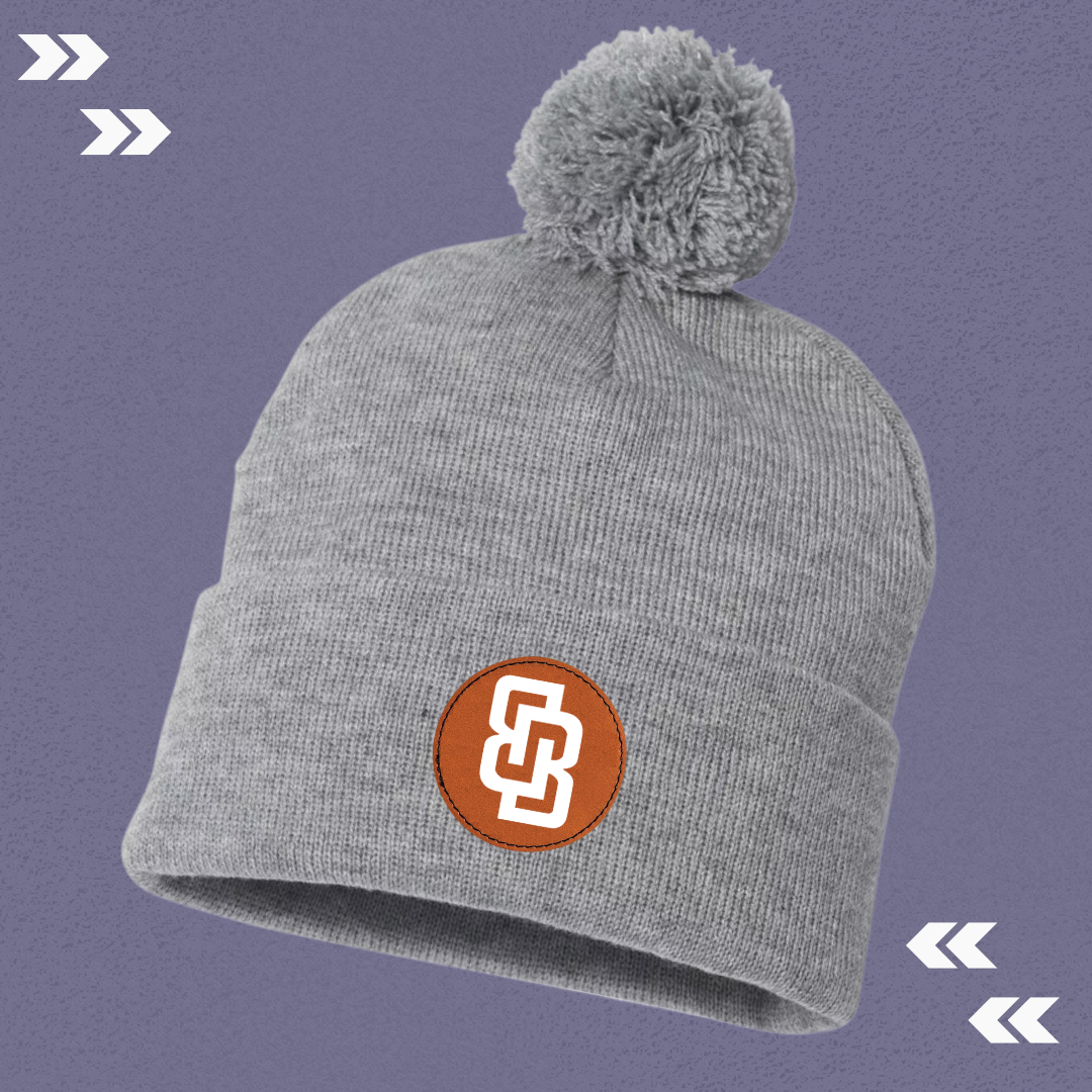 BB Heather Grey Pom Beanie with Patch